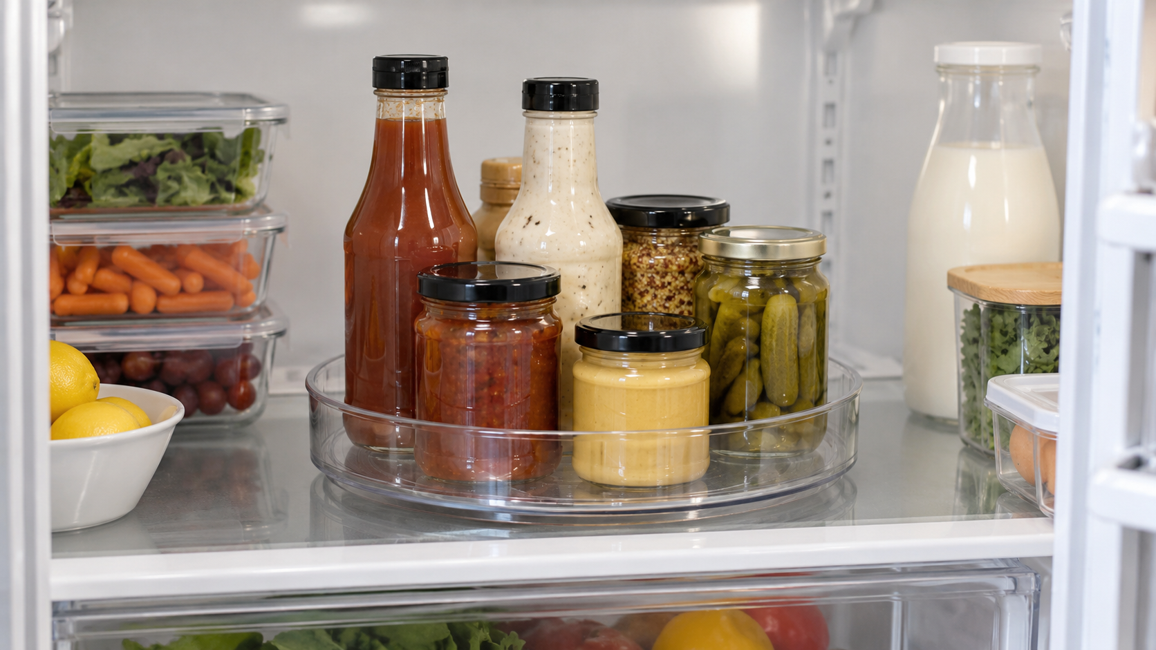 Clear round refrigerator turntable holding generic condiment jars and bottles with its raised rim and shelf footprint visible