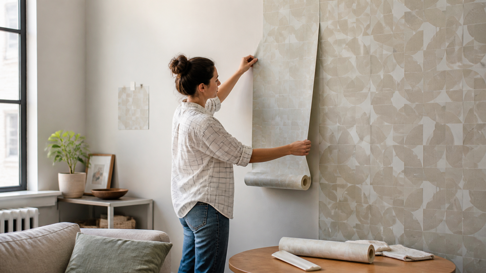 A renter holding a peel-and-stick wallpaper panel beside a small test swatch on a clean painted apartment wall