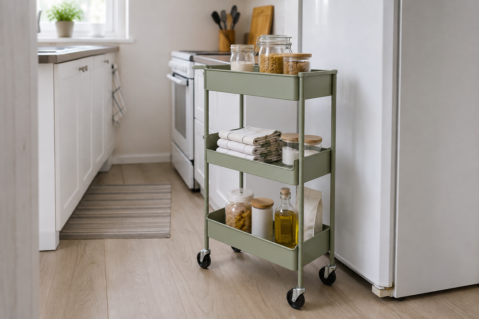 Slim three-tier rolling utility cart parked beside a refrigerator in a compact kitchen, with open shelves, caster wheels, and walkway clearance visible