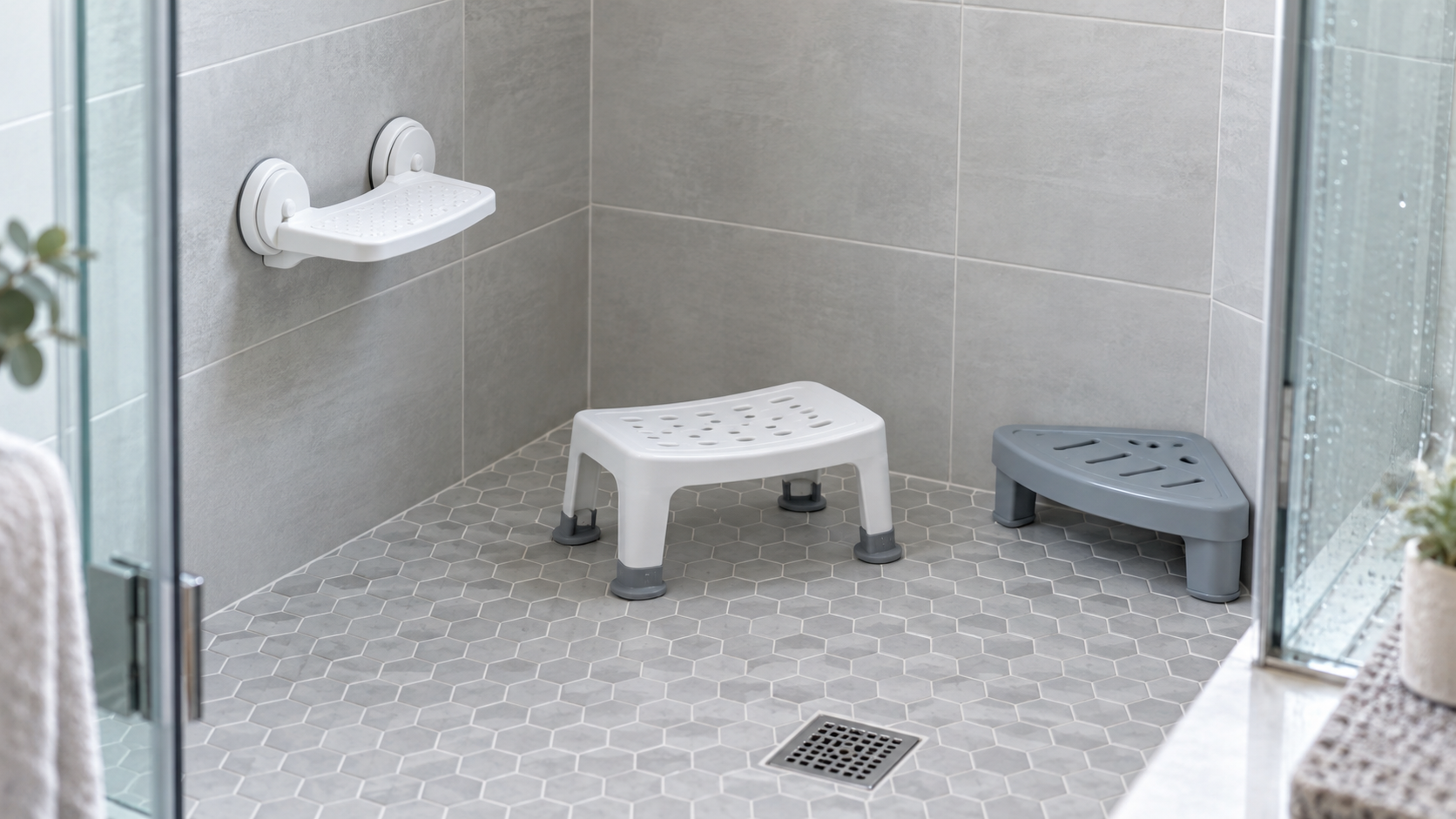 Suction-mounted ledge, freestanding stool, and corner shower footrest formats arranged for comparison in a tiled rental shower