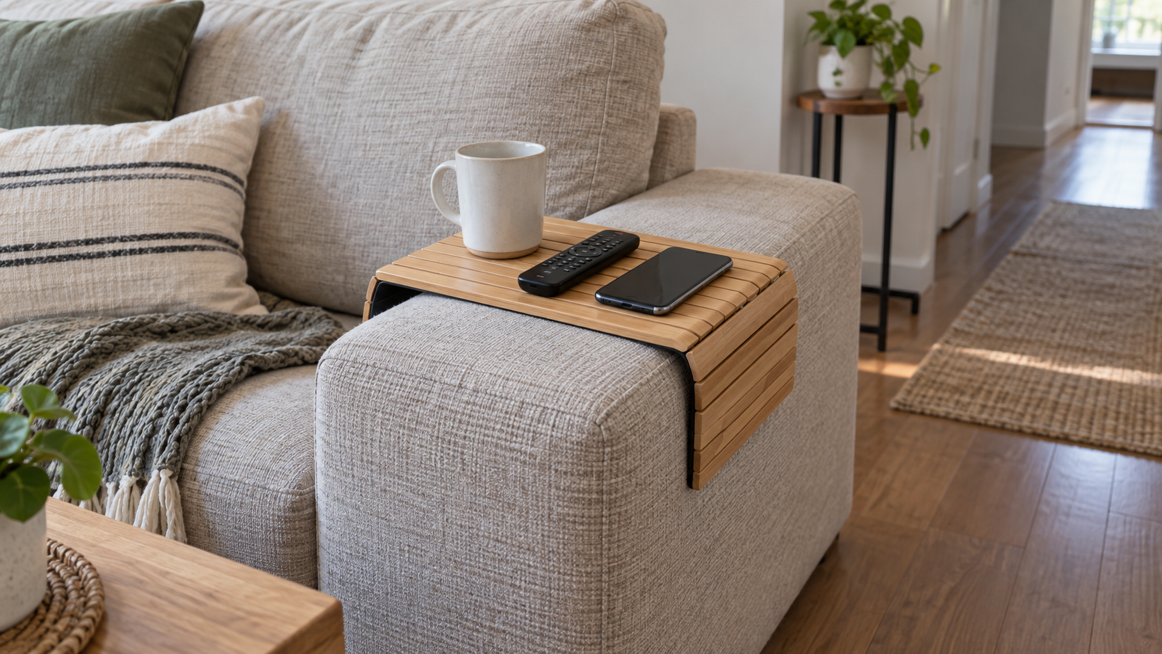 Flexible wooden sofa arm tray fitted over a broad level upholstered arm, holding a mug, remote, and phone beside a clear walking path