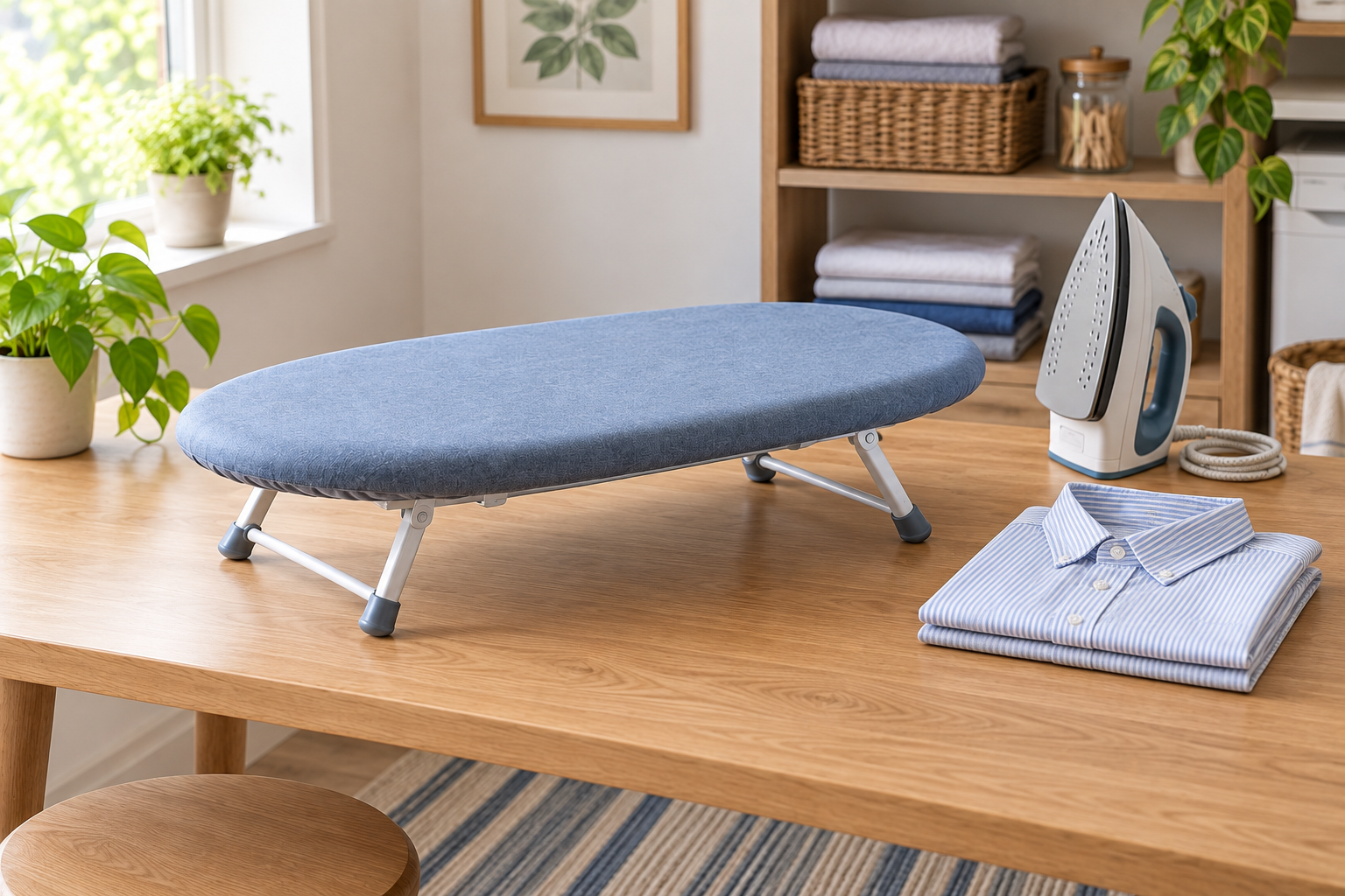 Compact blue tabletop ironing board fully open with all four feet on a sturdy wood table beside a folded shirt and upright unplugged iron