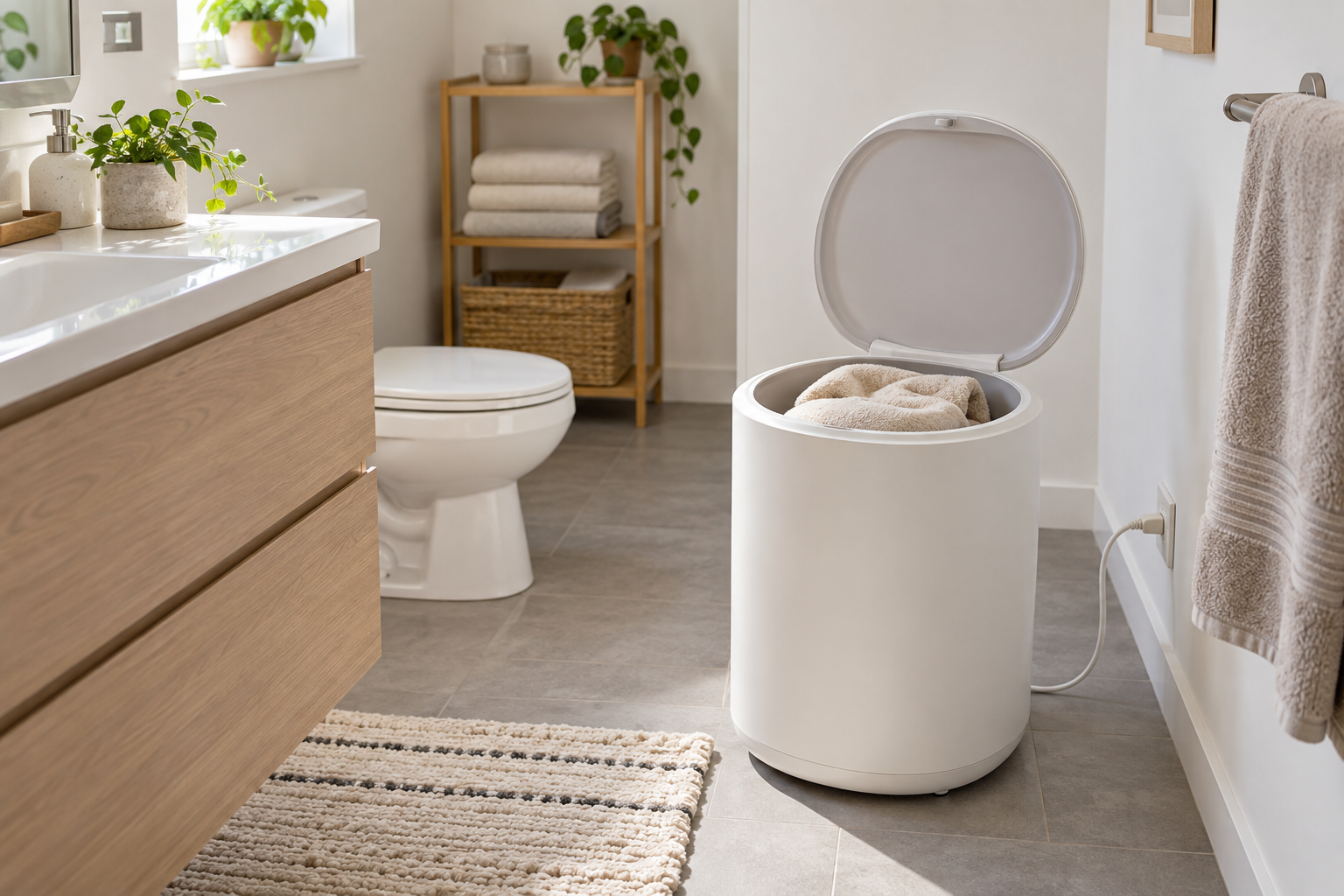 Open white bucket-style towel warmer holding a folded beige towel on a dry floor in a small bathroom