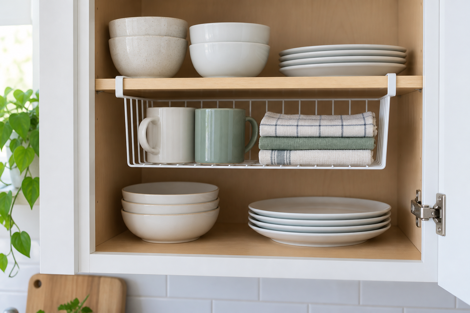 White removable under-shelf basket holding two mugs and folded kitchen linens inside a light wood rental-kitchen cabinet