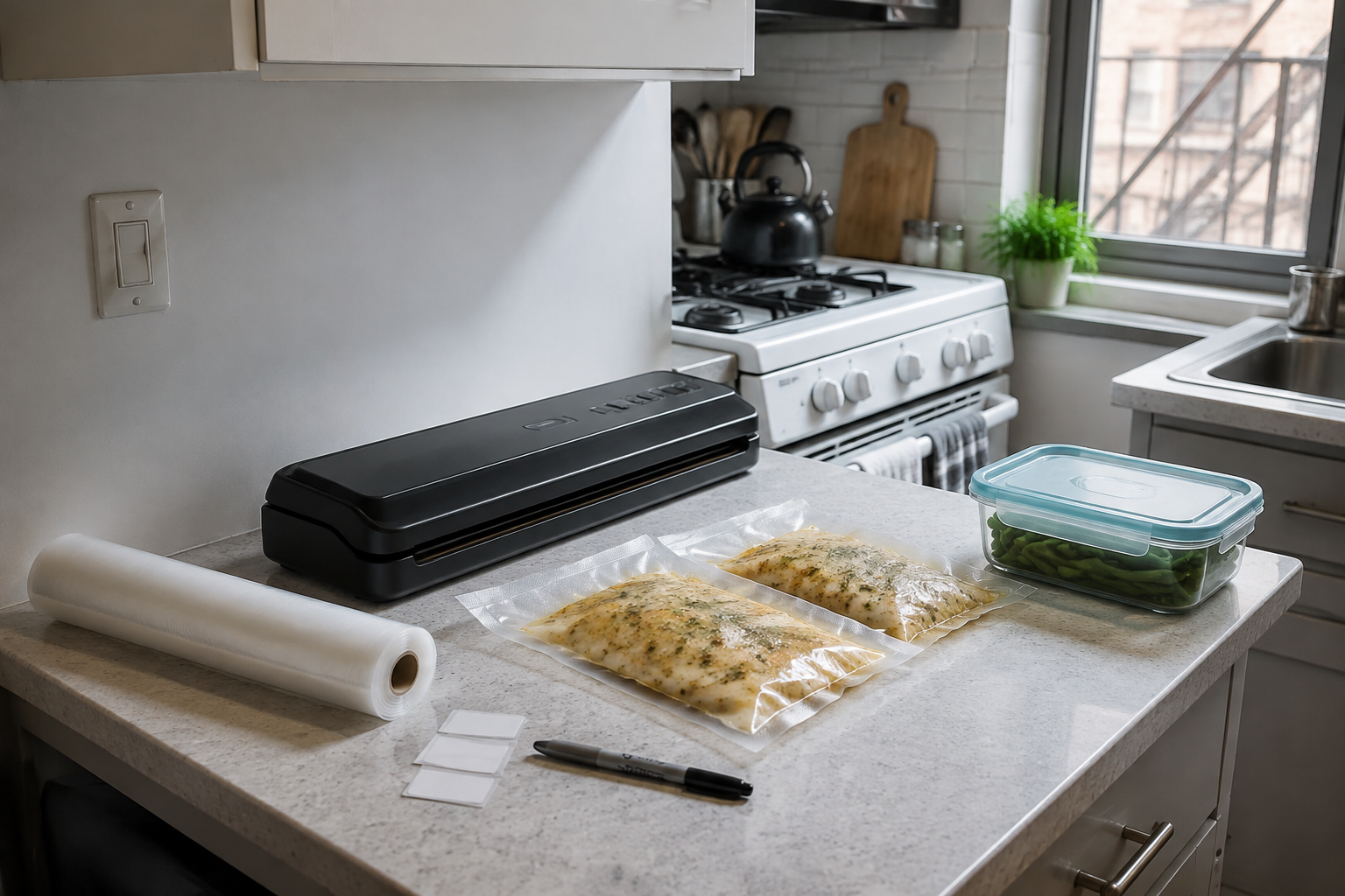 Unbranded compact vacuum sealer with a bag roll, two sealed food portions, date labels, and a reusable freezer container on a small kitchen counter