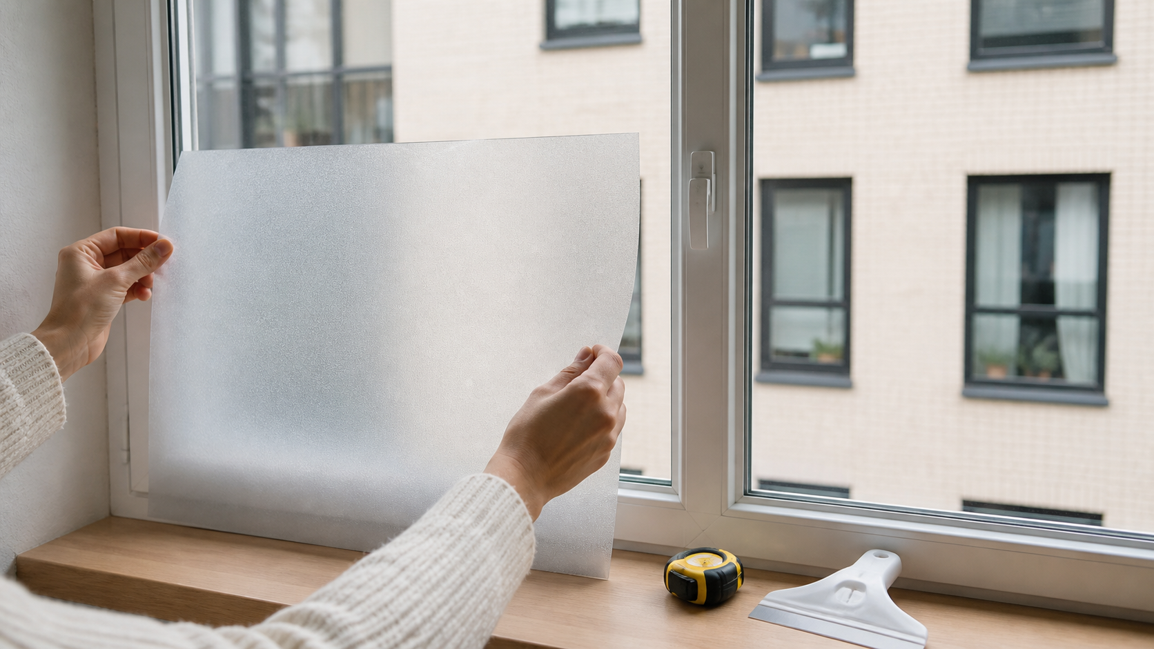 Renter holding a sample sheet of frosted static-cling privacy film against the lower half of a clear apartment window