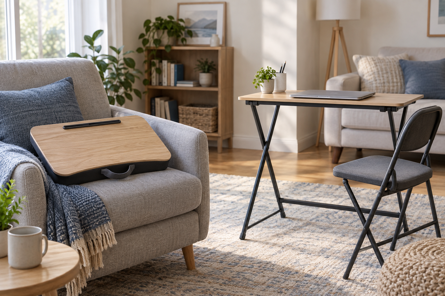 A portable wooden lap desk on an armchair beside an open freestanding folding desk and chair in a compact multipurpose living room