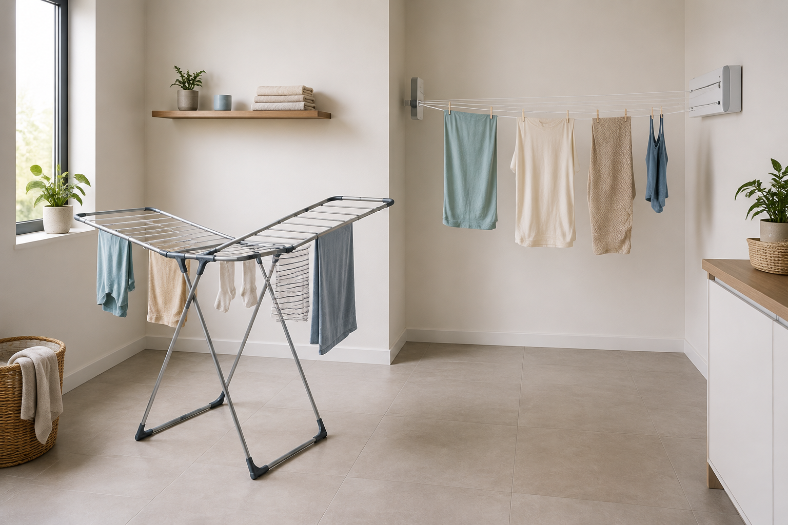 An unbranded folding laundry drying rack and a wall-mounted retractable clothesline holding spaced garments in a bright small laundry room