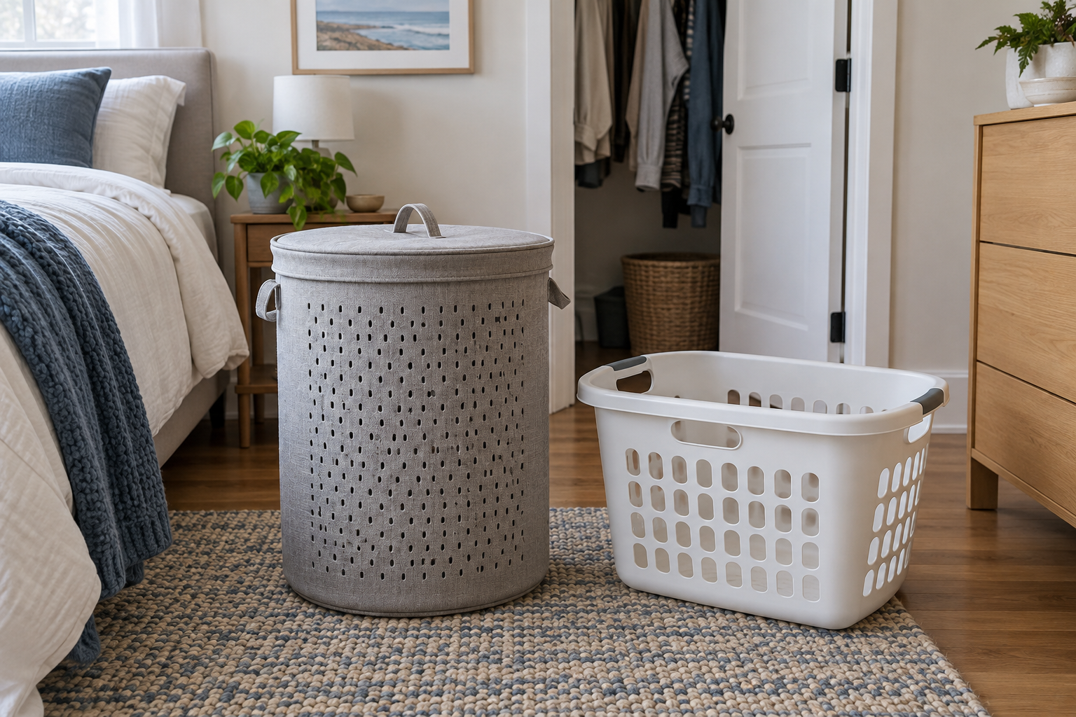 A ventilated gray lidded fabric hamper and an open white handled laundry basket side by side in a compact rental bedroom
