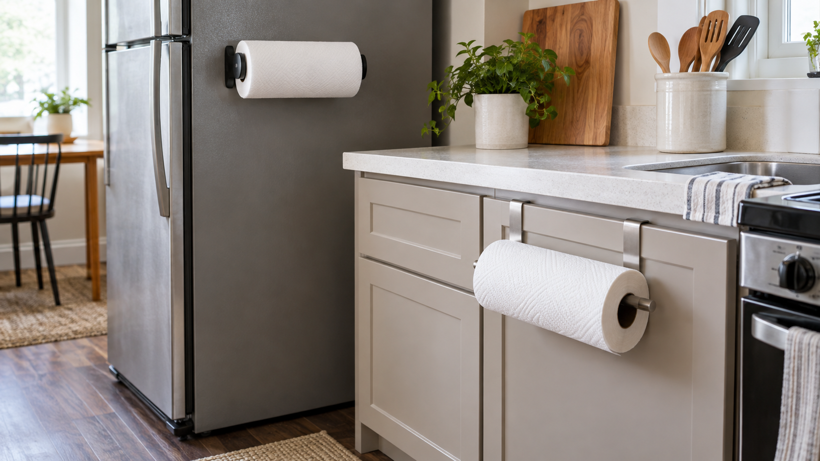 Magnetic paper towel holder on a refrigerator beside an over-the-cabinet holder hooked over a closed lower kitchen cabinet door