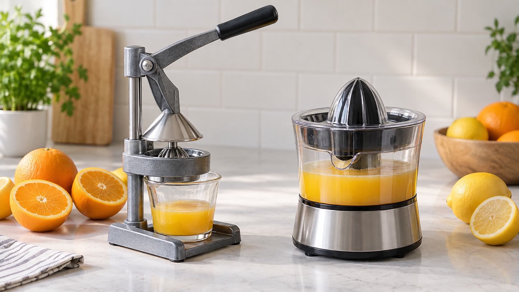 An unbranded countertop manual citrus press and electric citrus juicer beside halved oranges and lemons in a small kitchen