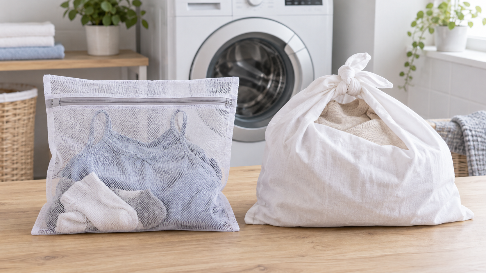 Unbranded zippered mesh laundry bag and tied cotton pillowcase holding separate loads of lightweight delicates beside a closed washing machine