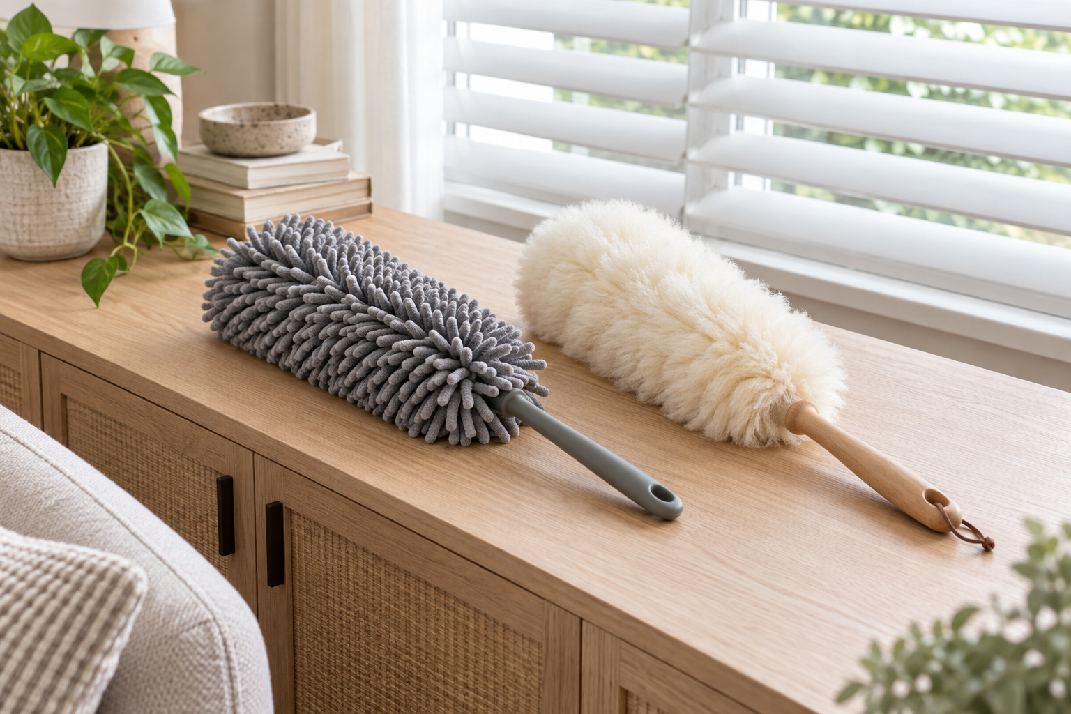A gray microfiber duster and cream lambswool duster laid side by side on a wood sideboard near white horizontal blinds
