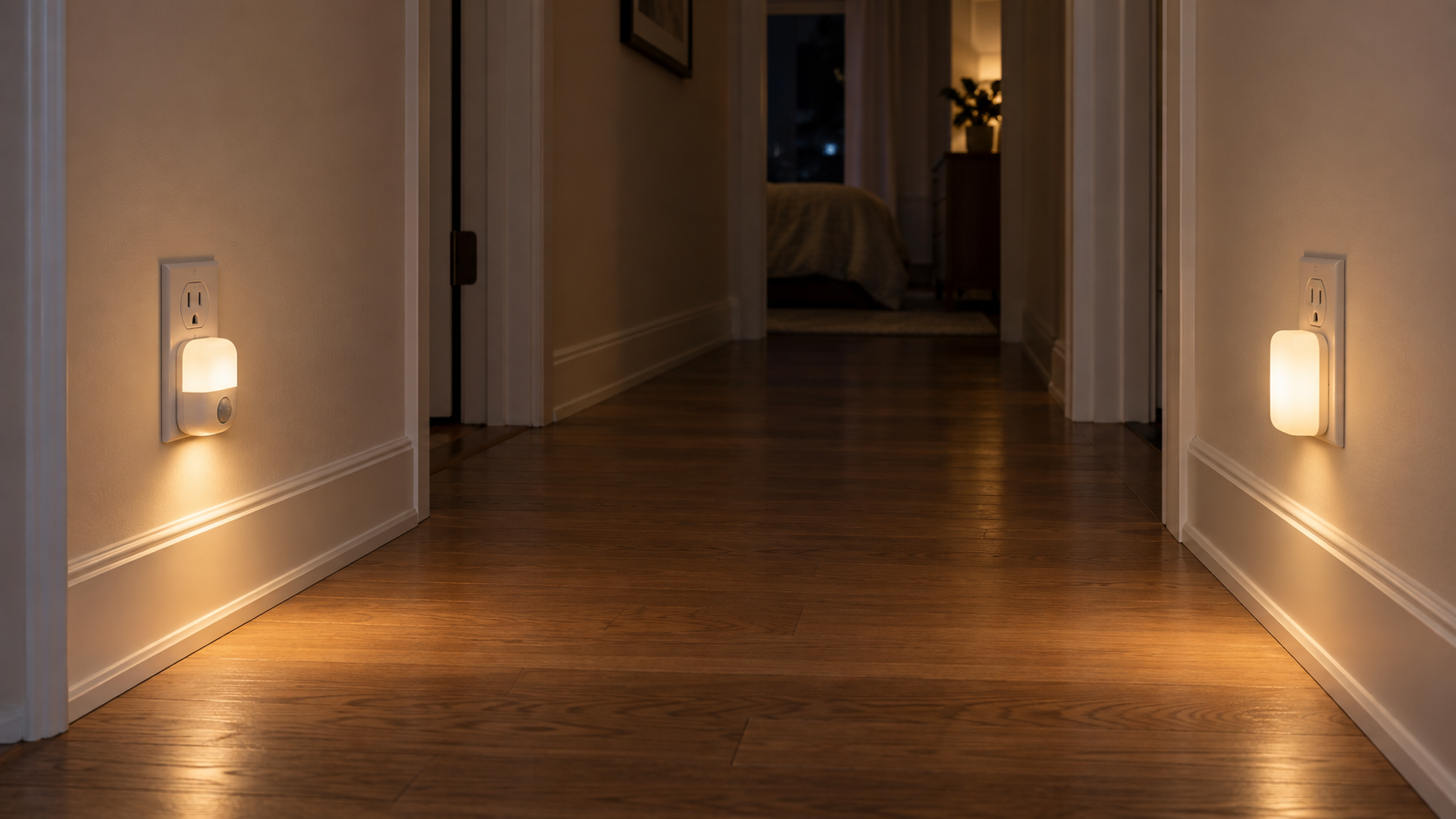 Two warm plug-in night-lights illuminating a clear hallway, with a visible motion sensor on the left light and a plain diffused face on the right
