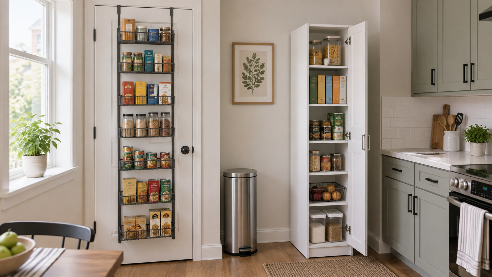Black over-the-door pantry rack and open white slim pantry cabinet holding packaged foods in a compact rental kitchen