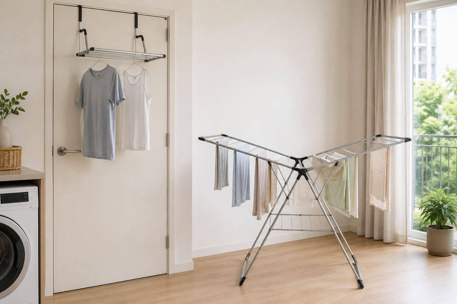 Unbranded over-the-door and freestanding folding drying racks holding spaced lightweight laundry in a bright apartment