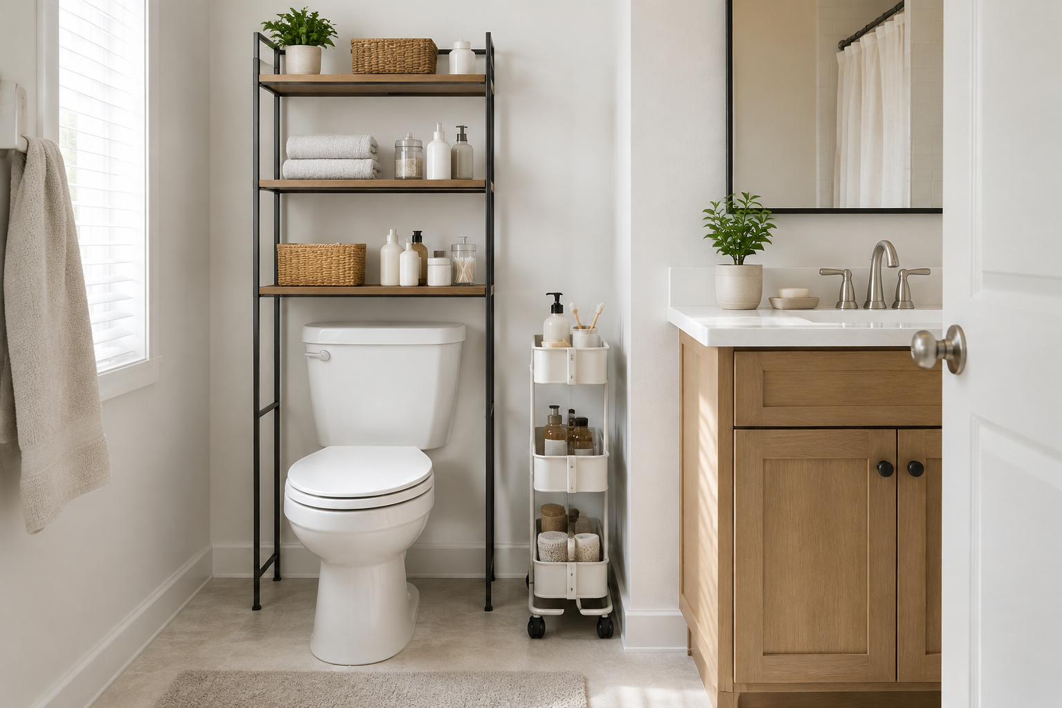 Freestanding black shelves fitted over a toilet beside a narrow white three-tier rolling cart in a small bathroom