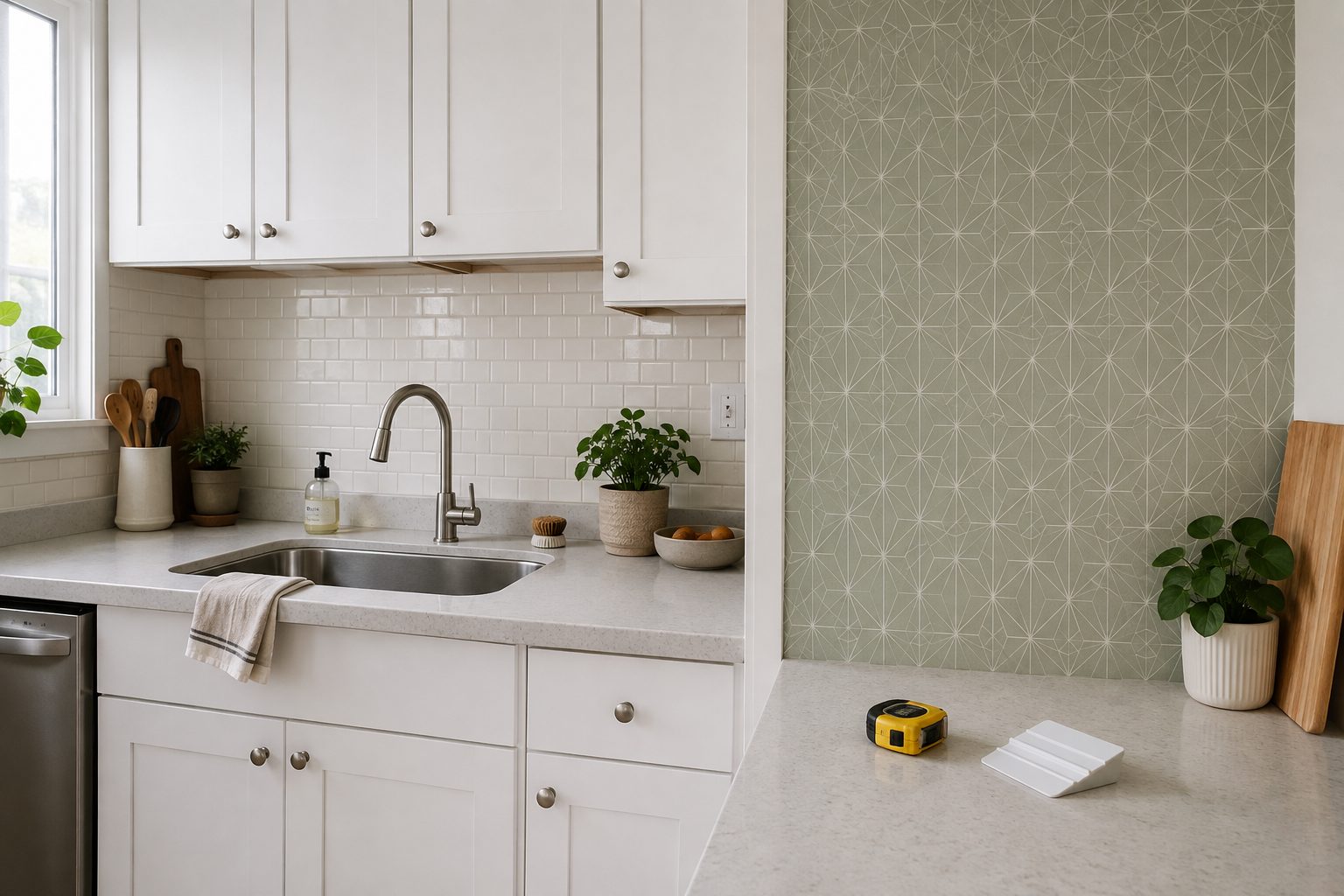 Rental kitchen with off-white backsplash panels behind the sink and sage removable wallpaper on an adjacent dry accent wall