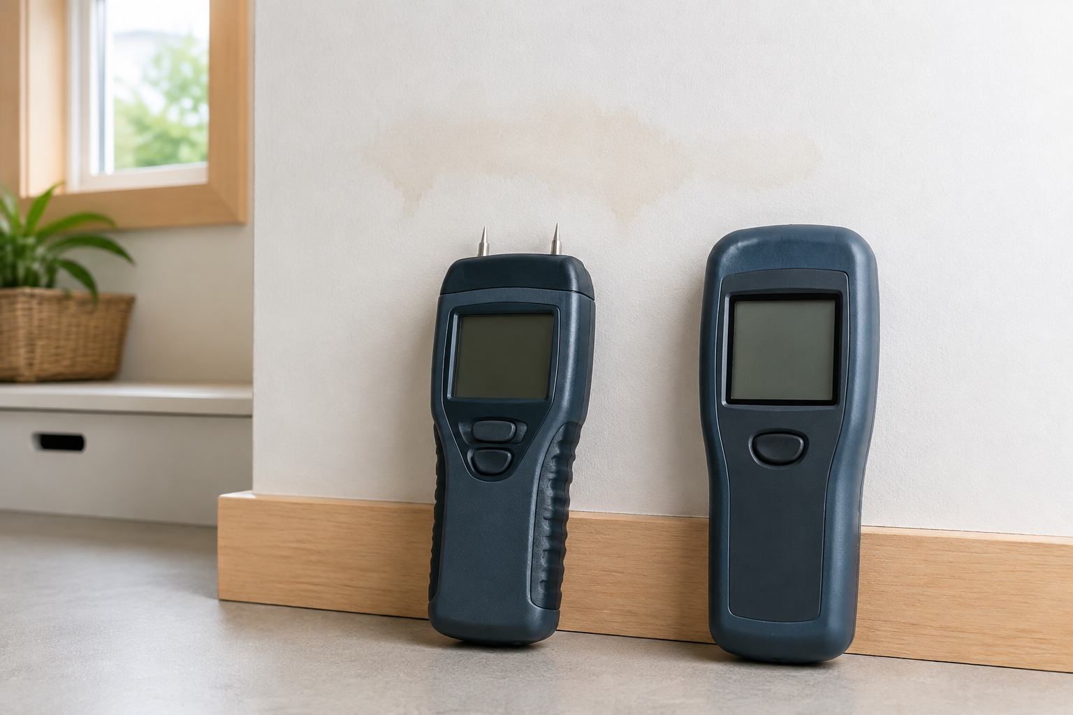 Unbranded pin meter with two probes and pinless meter with a flat sensor beside a lightly stained interior wall