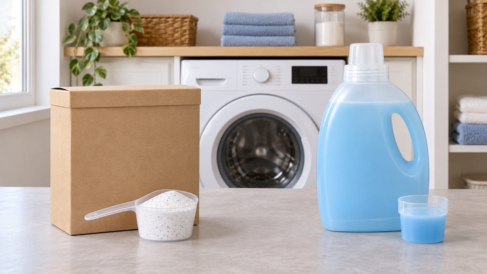 Unbranded box of powder detergent with scoop beside a liquid detergent bottle and measuring cap in a compact laundry room