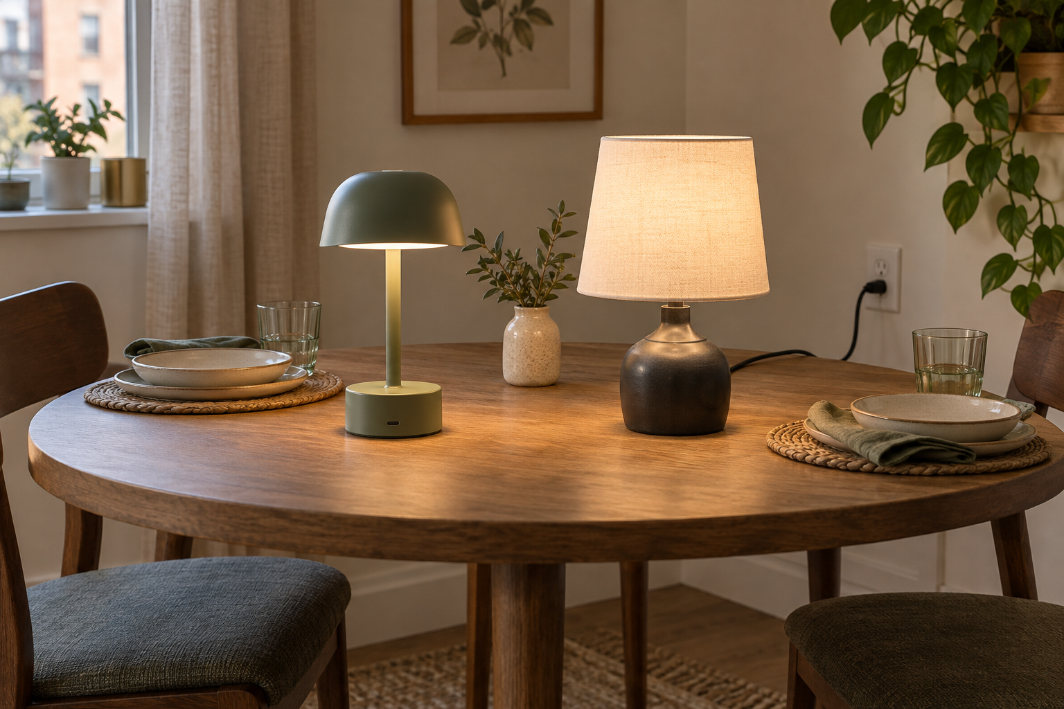 A compact green rechargeable cordless lamp and a shaded plug-in lamp with its cord routed behind a round wood dining table