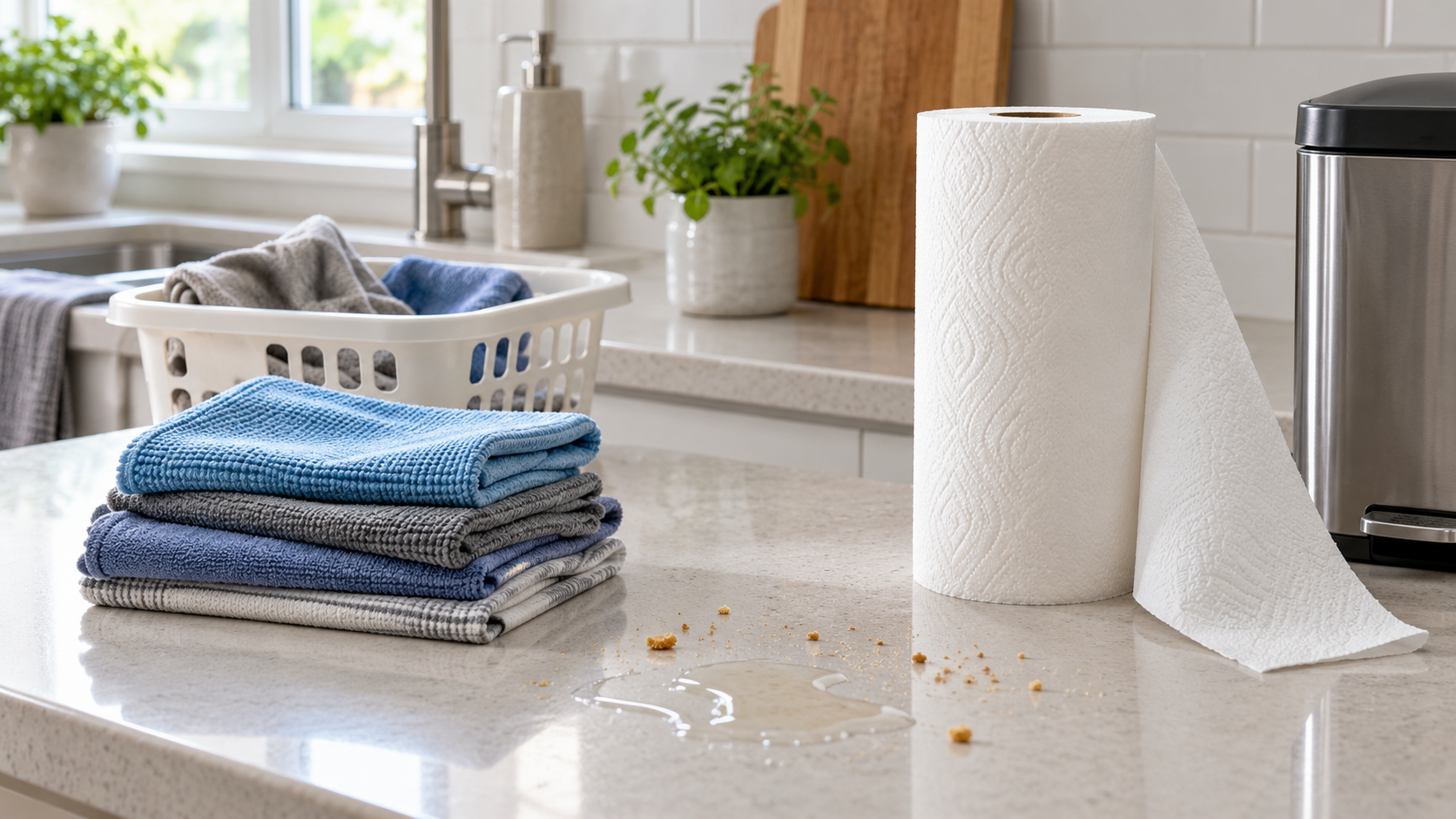 Stacked reusable cleaning cloths and a roll of paper towels beside crumbs and a small water spill on a kitchen counter
