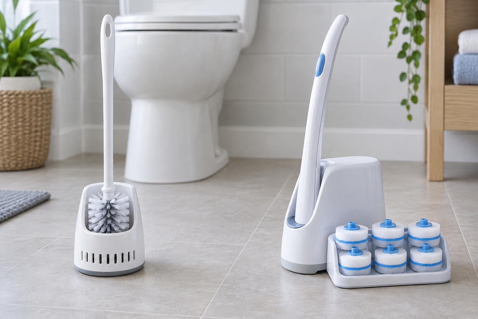 An unbranded reusable toilet brush in a ventilated holder beside a disposable-head toilet wand, storage caddy, and unused refill heads in a clean bathroom