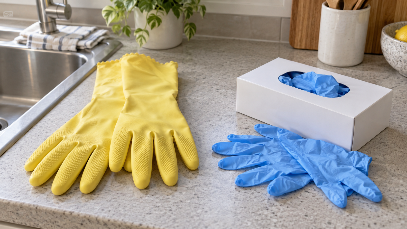 Pair of yellow reusable long-cuff household gloves beside blue disposable gloves and a plain dispenser box on a kitchen counter