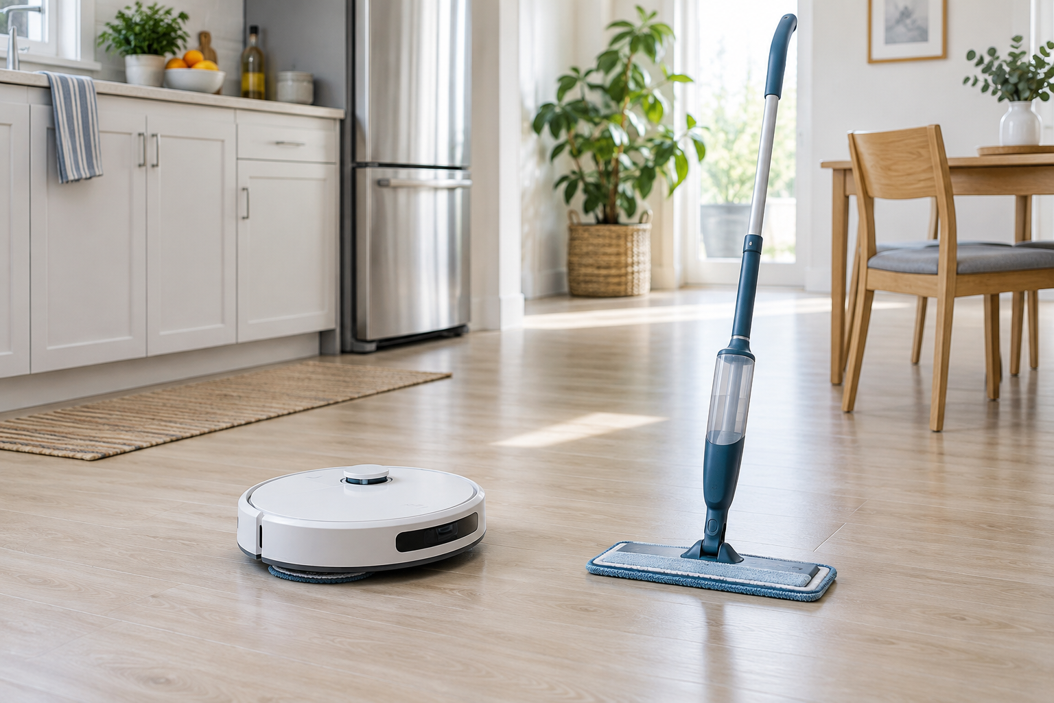 White unbranded robot mop and blue manual spray mop standing apart on a clean light wood-look floor in a bright apartment kitchen