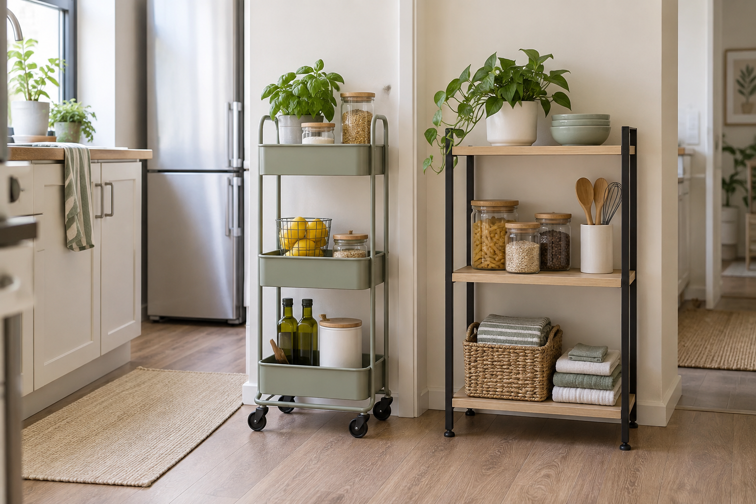 Slim sage rolling utility cart with casters beside compact wood-and-metal freestanding shelves in a bright rental kitchen