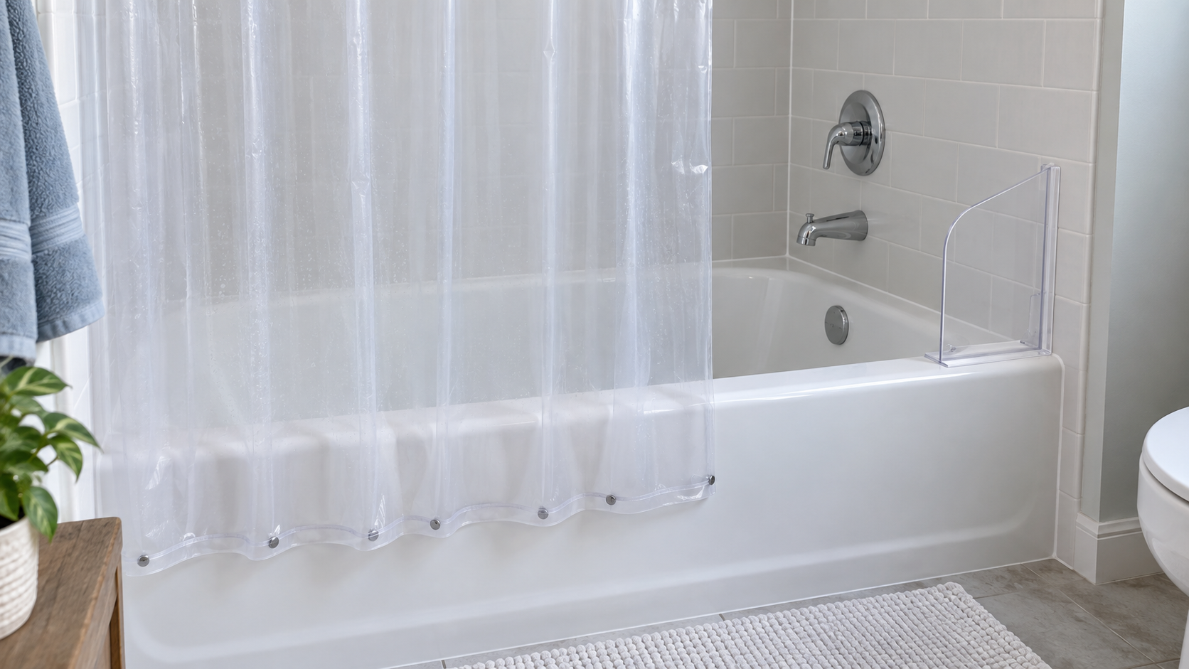 Translucent weighted shower curtain liner covering most of a white tub opening beside a clear corner splash guard fitted at the tub rim and wall