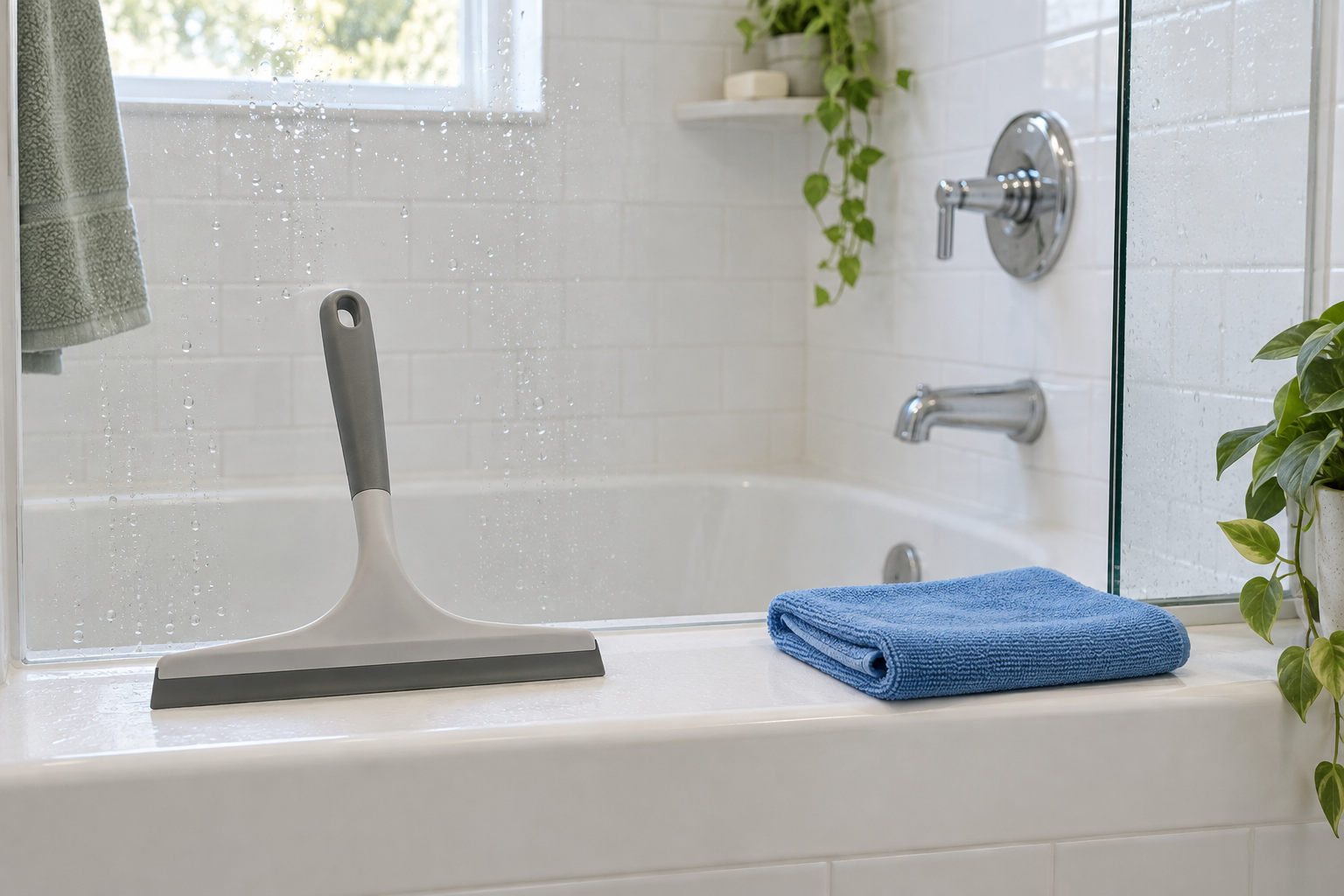 Unbranded shower squeegee and folded blue microfiber cloth on a tub ledge beside a wet glass shower panel