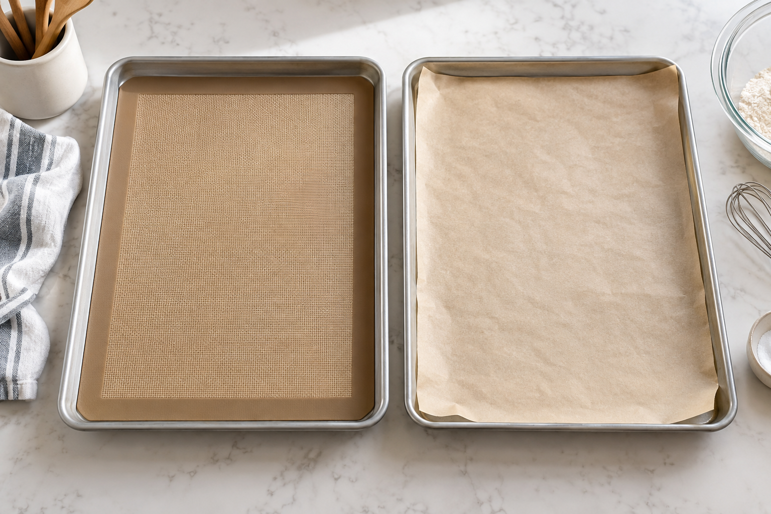Two unbranded rimmed sheet pans on a kitchen counter, one fitted with a tan silicone baking mat and the other lined with unbleached parchment paper