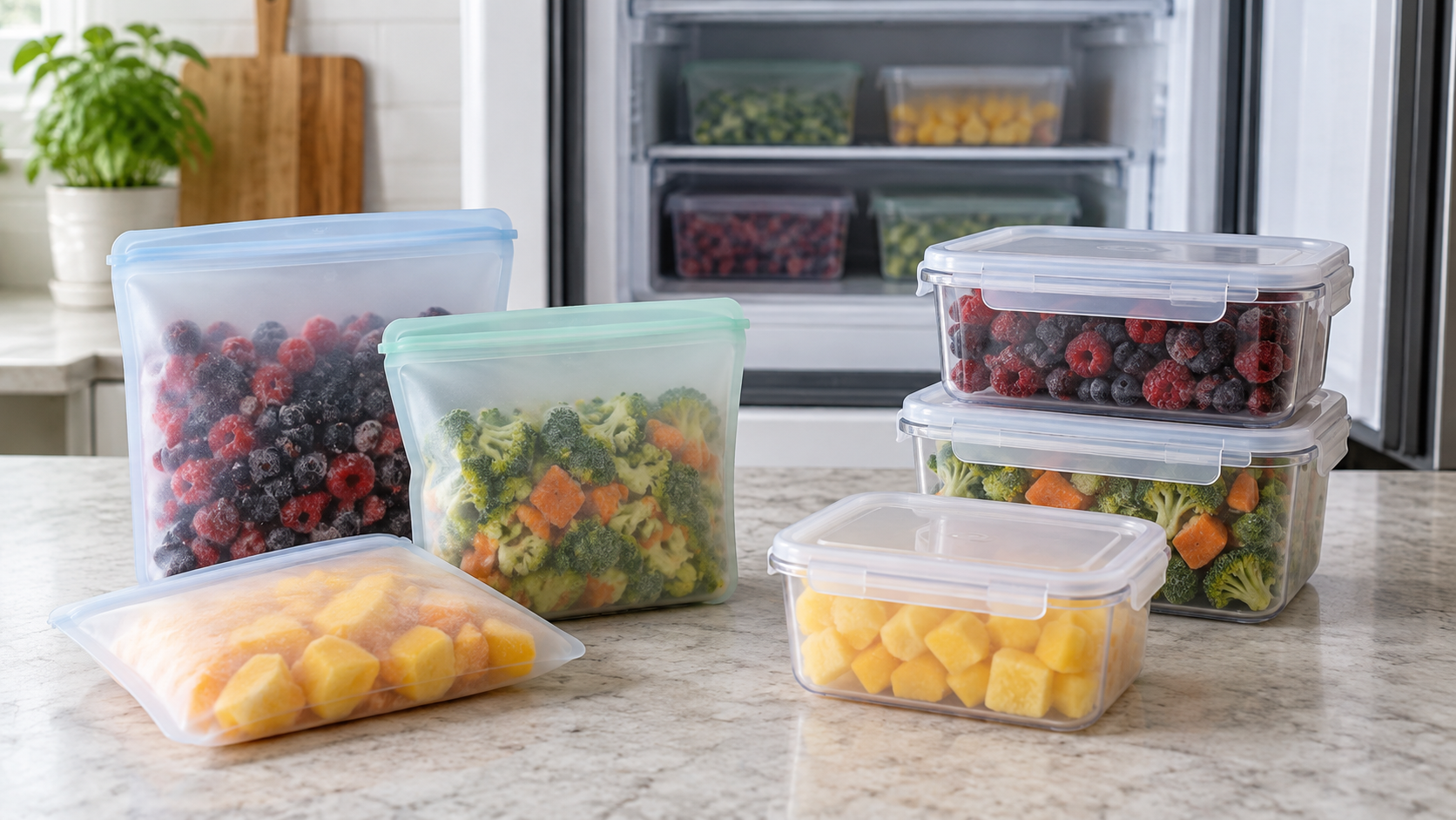 Reusable silicone food bags and stacked rigid food containers filled with frozen fruit and vegetables beside a compact freezer
