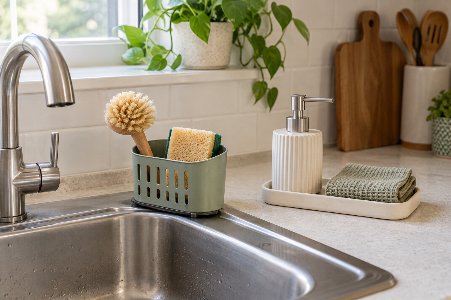 Ventilated green sink caddy holding a brush and sponge beside a washable tray holding a soap dispenser and folded cloth near a stainless-steel sink