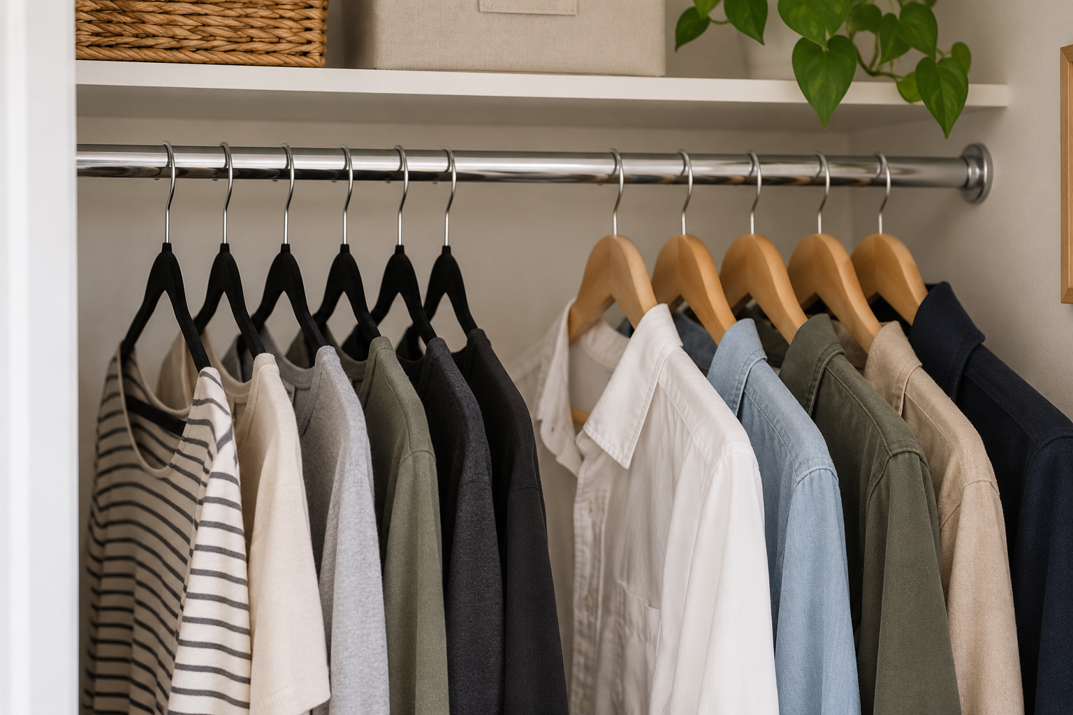 Slim black velvet hangers and thicker natural wooden hangers holding shirts and jackets side by side in a compact closet