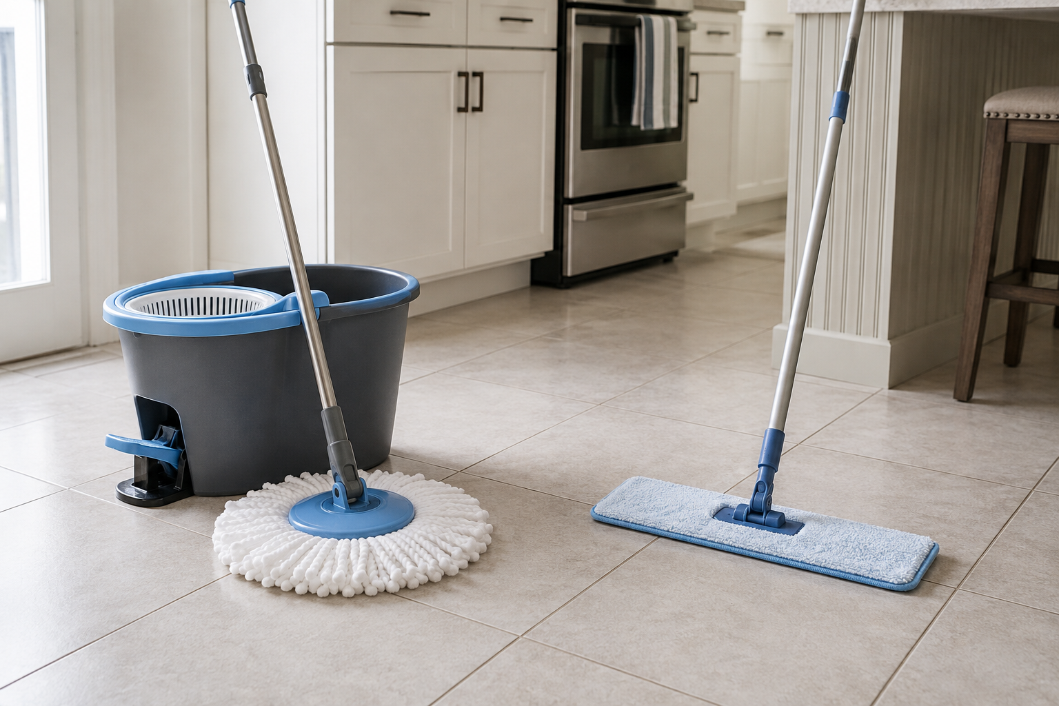 An unbranded spin mop with wringer bucket beside a rectangular flat microfiber mop on a clean ceramic tile kitchen floor