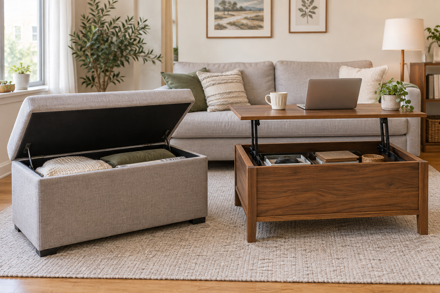 Open rectangular upholstered storage ottoman holding folded textiles beside an open wood lift-top coffee table with its storage compartment visible in a compact living room