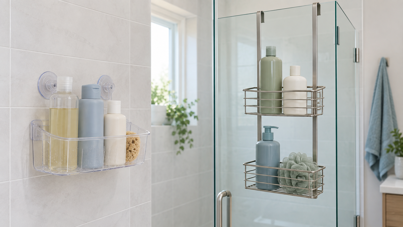 Clear suction-cup shower basket holding toiletries on smooth tile beside a two-tier metal caddy hanging over a glass shower door