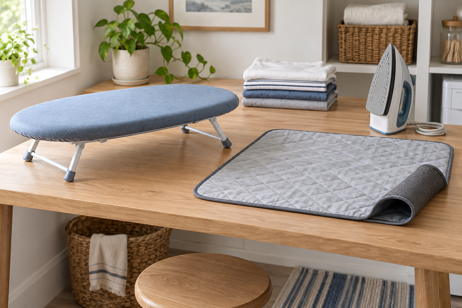 A compact tabletop ironing board and a portable quilted ironing mat compared on a sturdy apartment table, with an unplugged iron upright nearby