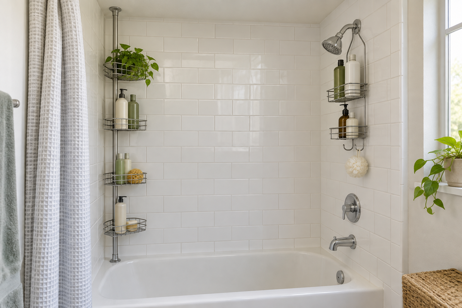 Metal tension-pole corner caddy and over-the-showerhead hanging caddy holding a few bottles in a white-tile rental tub-shower