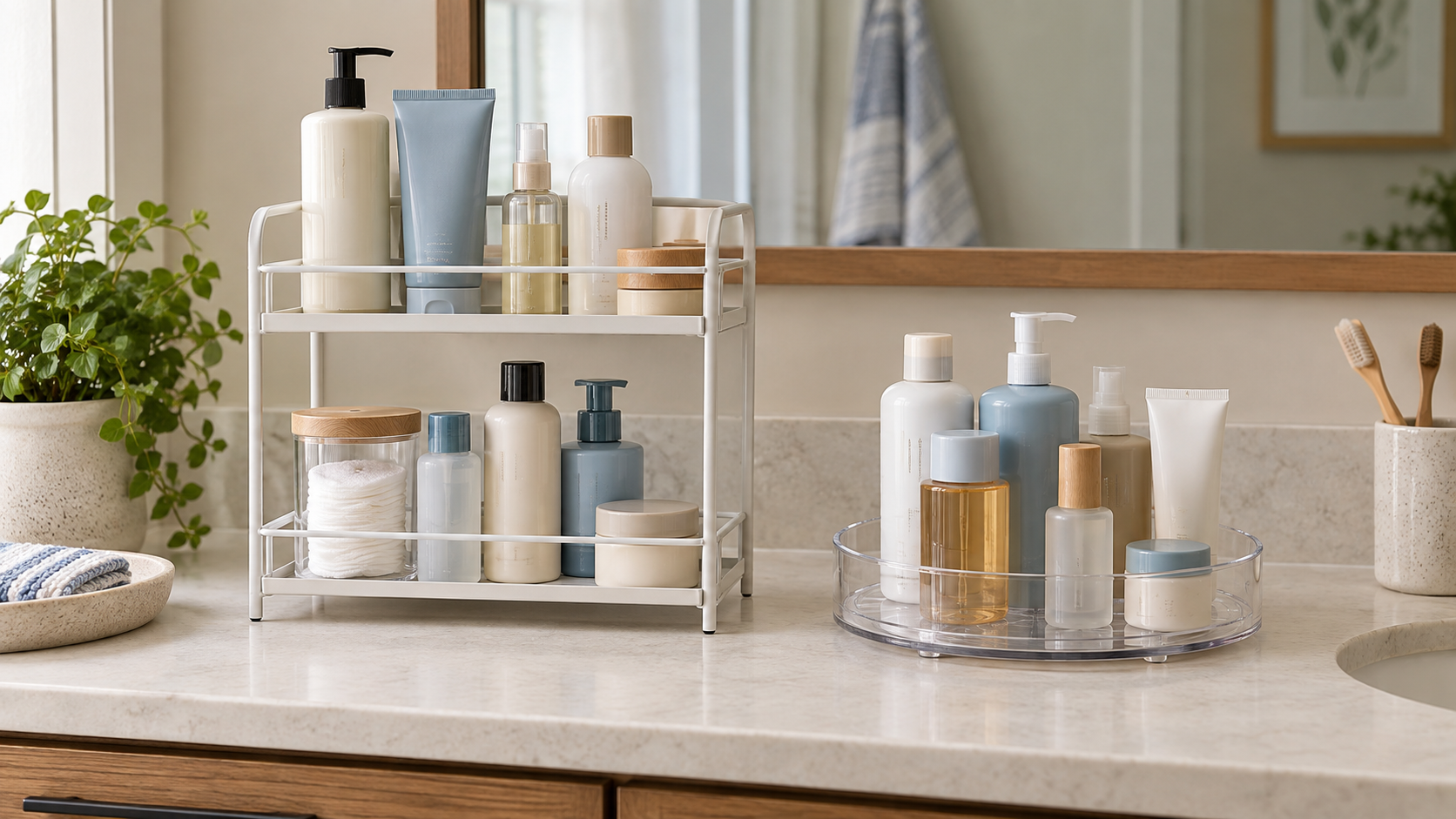 A white two-tier organizer and clear round Lazy Susan holding lotion and grooming bottles on a deep bathroom vanity