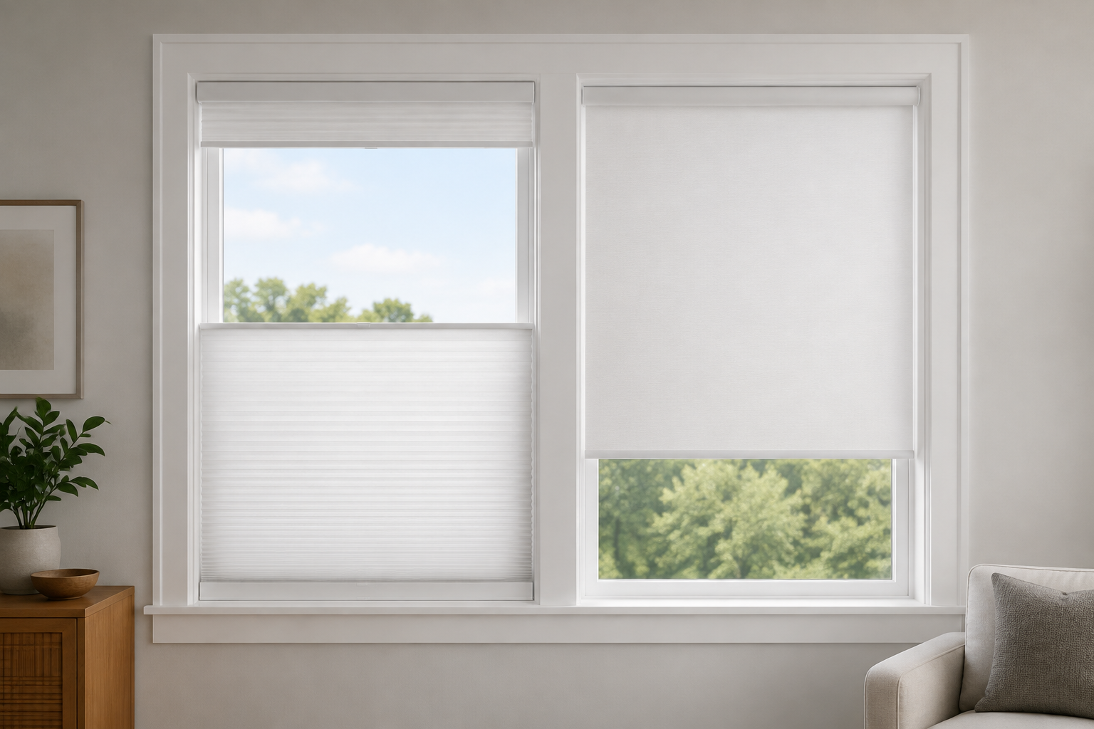 Two rental apartment windows showing a white top-down bottom-up cellular shade covering the lower pane beside a white roller shade lowered from the top