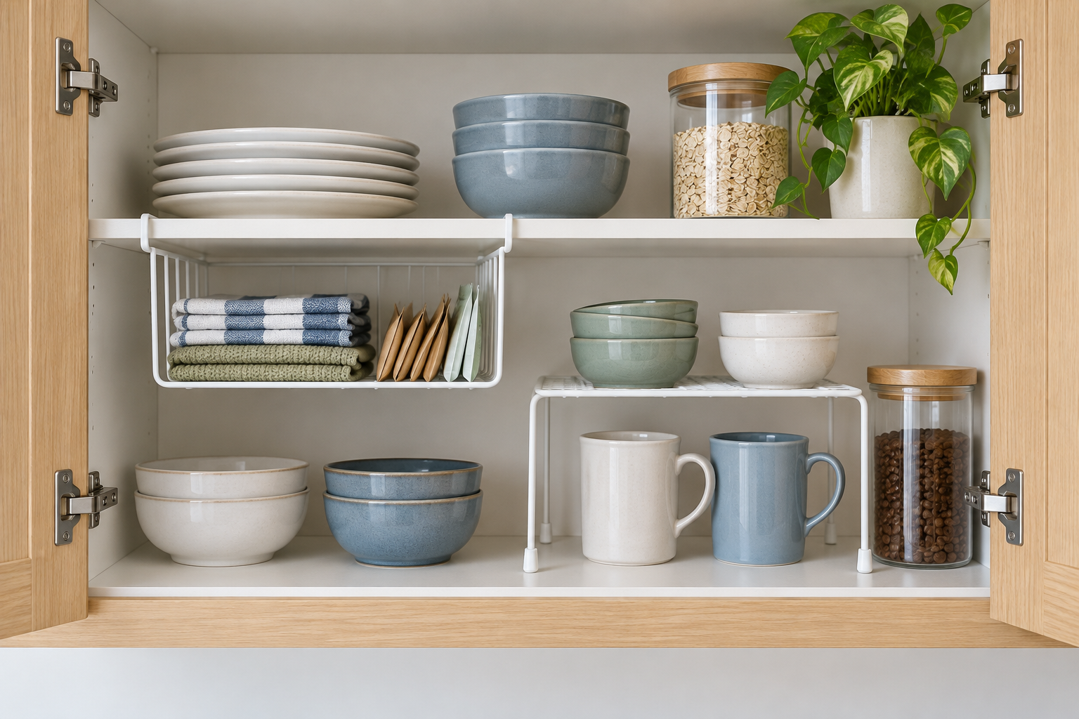 White under-shelf wire basket with linens and packets beside a freestanding white shelf riser holding bowls and mugs in a light wood kitchen cabinet