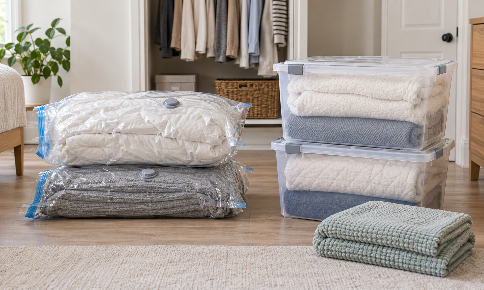 Vacuum storage bags and clear lidded bins holding folded comforters and blankets in a bedroom closet area