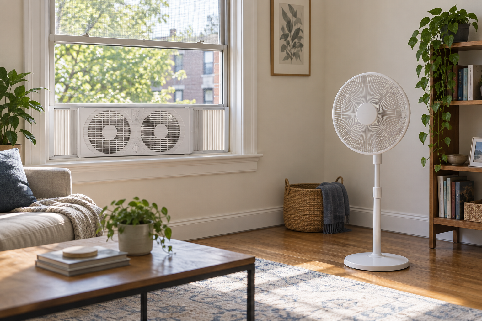 White twin-blade window fan fitted in an apartment window beside a freestanding white pedestal fan with a clear floor path