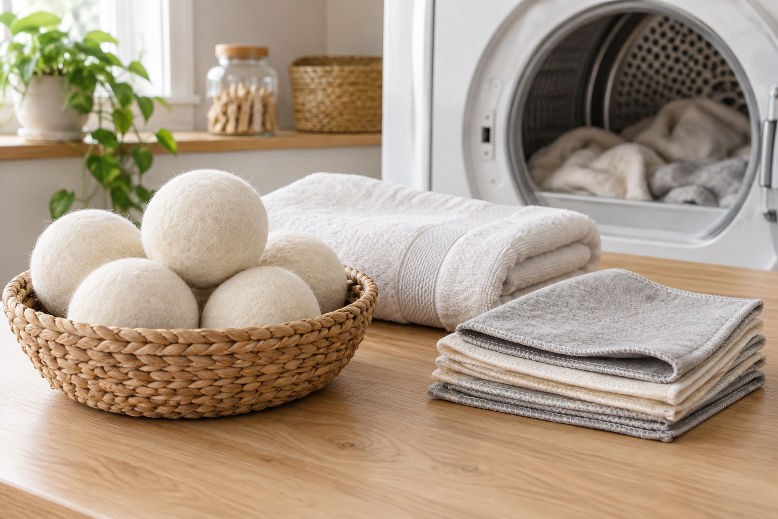 Natural wool dryer balls in a basket beside a stack of reusable fabric dryer sheets on a laundry counter